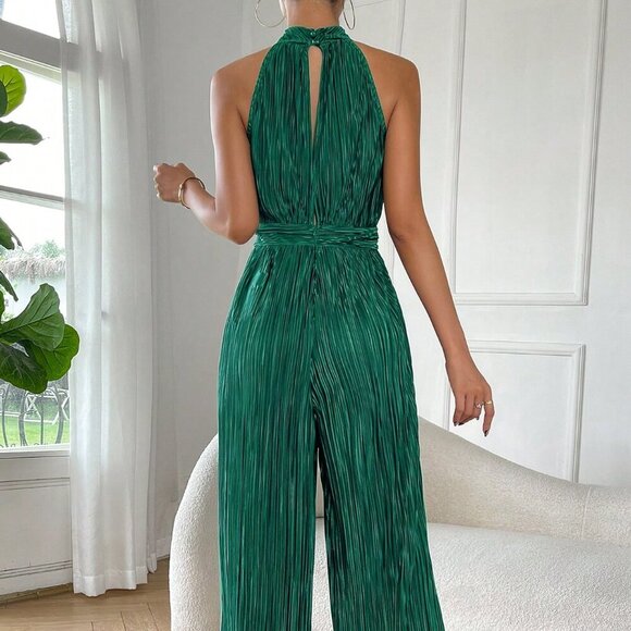 Green Women's Sleeveless Halter Neck Wide Leg Jumpsuit - Picture 2 of 7